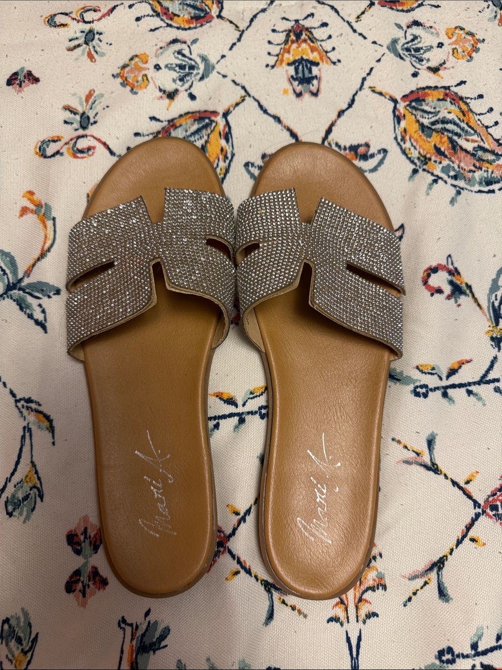 Tan Slide Sandals with Sparkling Silver Strap